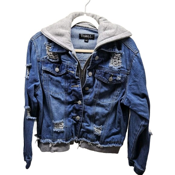 THRILL JEANS Womens Blue Gray Layered Distressed Denim Jean Jacket Medium - Picture 3 of 14